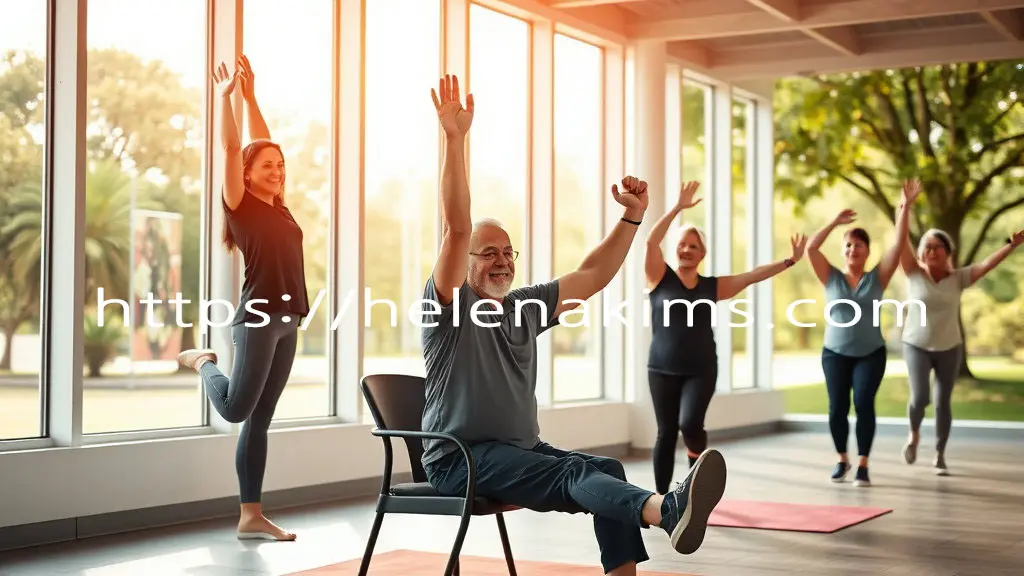 밝고 통창이 잇는 실내 운동 공간에서 50대 남녀가 활기차게 관절 강화 운동을 하고 있는 모습.