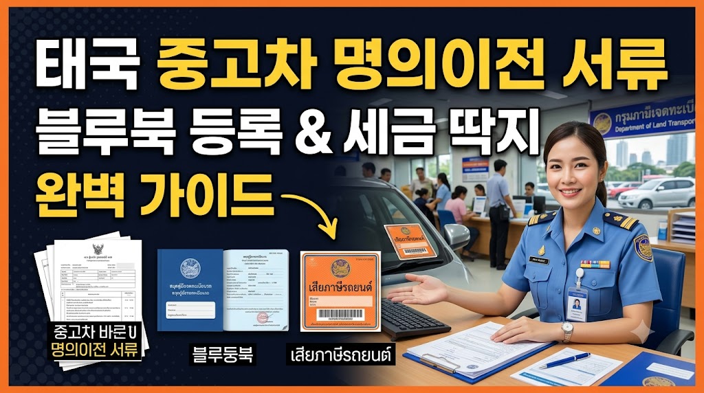 태국 교통국(DLT) 창구를 배경으로 차량 명의이전 신청 서류, 태국 자동차 등록증인 블루북(Blue Book), 자동차세 납부 스티커(세금 딱지) 예시가 정렬되어 있고, 좌측 상단에 '태국 중고차 명의이전 서류 블루북 등록 & 세금 딱지 완벽 가이드'라는 텍스트가 적힌 정보성 블로그 썸네일 이미지.