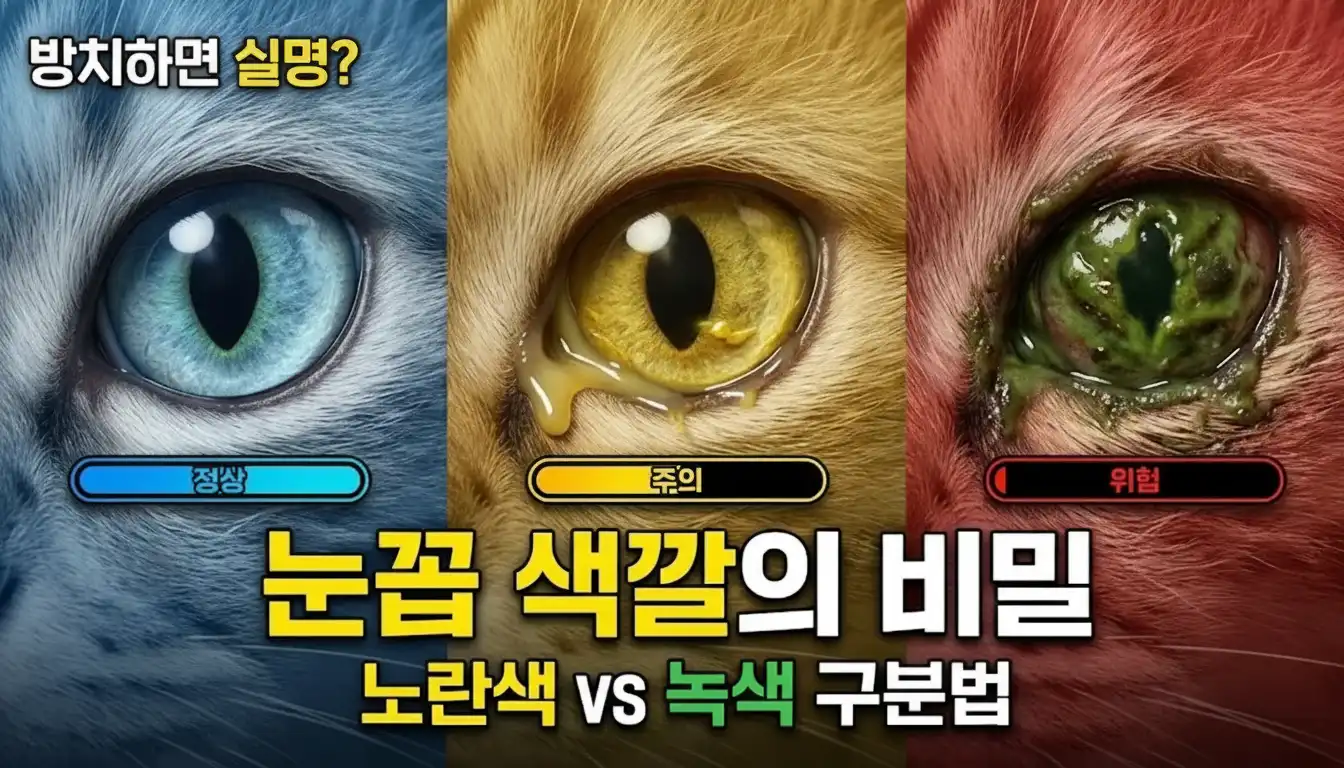 다양한 색깔의 눈꼽이 낀 고양이 눈 확대 일러스트와 위험도 그래프