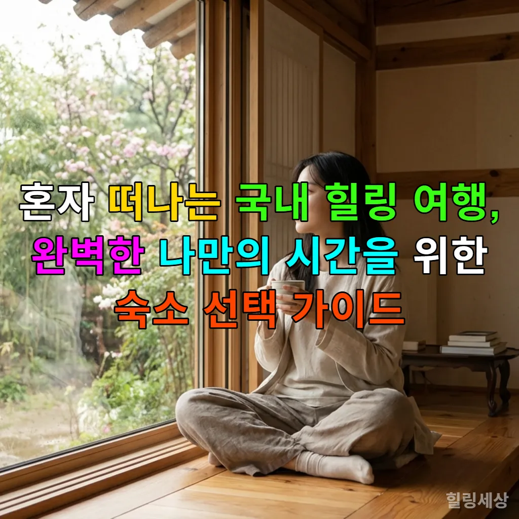창가에 앉아 차를 마시며 고요한 시간을 보내는 한국인 여성의 모습이 담긴 힐링 숙소 전경