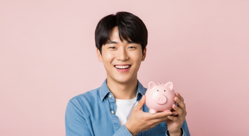 돼지 저금통을 들고 있는 한국 청년