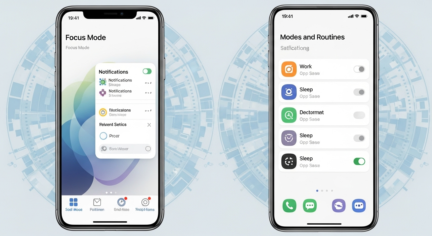 아이폰의 집중 모드와 갤럭시의 모드 및 루틴 설정 화면, 개인 맞춤형 스마트폰 환경 설정을 보여주는 이미지.