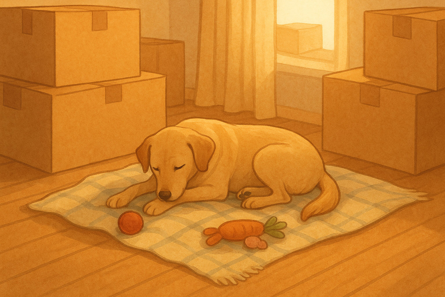 싸여있는 이사짐 사이에 누워있는 강아지 이미지