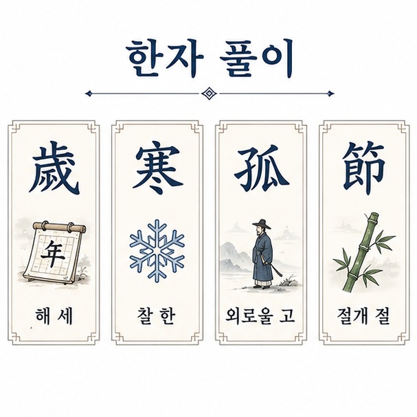 세한고절의 한자 歲寒孤節을 각각 해 세, 찰 한, 외로울 고, 절개 절의 의미로 풀이한 이미지