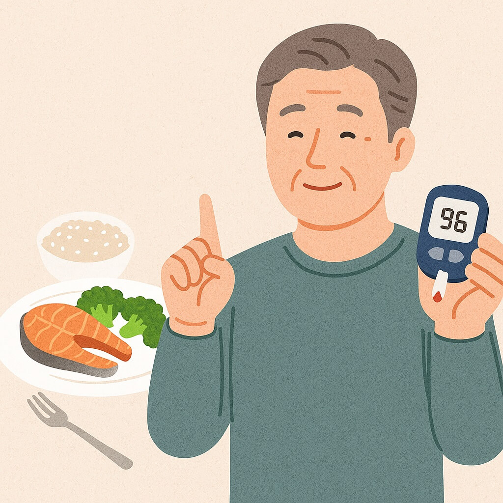 중년 남성이 혈당 측정기를 들고 미소 짓고 있으며, 옆에는 연어, 브로콜리, 밥으로 구성된 건강한 식사가 놓여 있다. 중년의 혈당 관리를 주제로 식사 외에 중요한 습관의 필요성을 시사하는 이미지