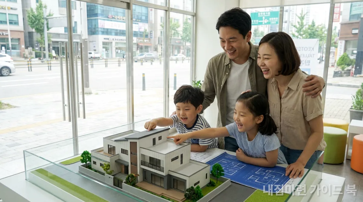 새로운 집 모형을 보며 행복해하는 한국인 가족
