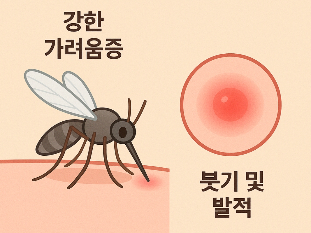 모기에 물린 피부의 붓기와 강한 가려움증을 설명하는 일러스트, 봄 모기 증상 안내 이미지