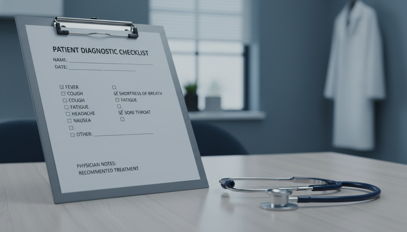 의료용 청진기와 가슴 통증 자가진단 체크리스트가 놓인 책상