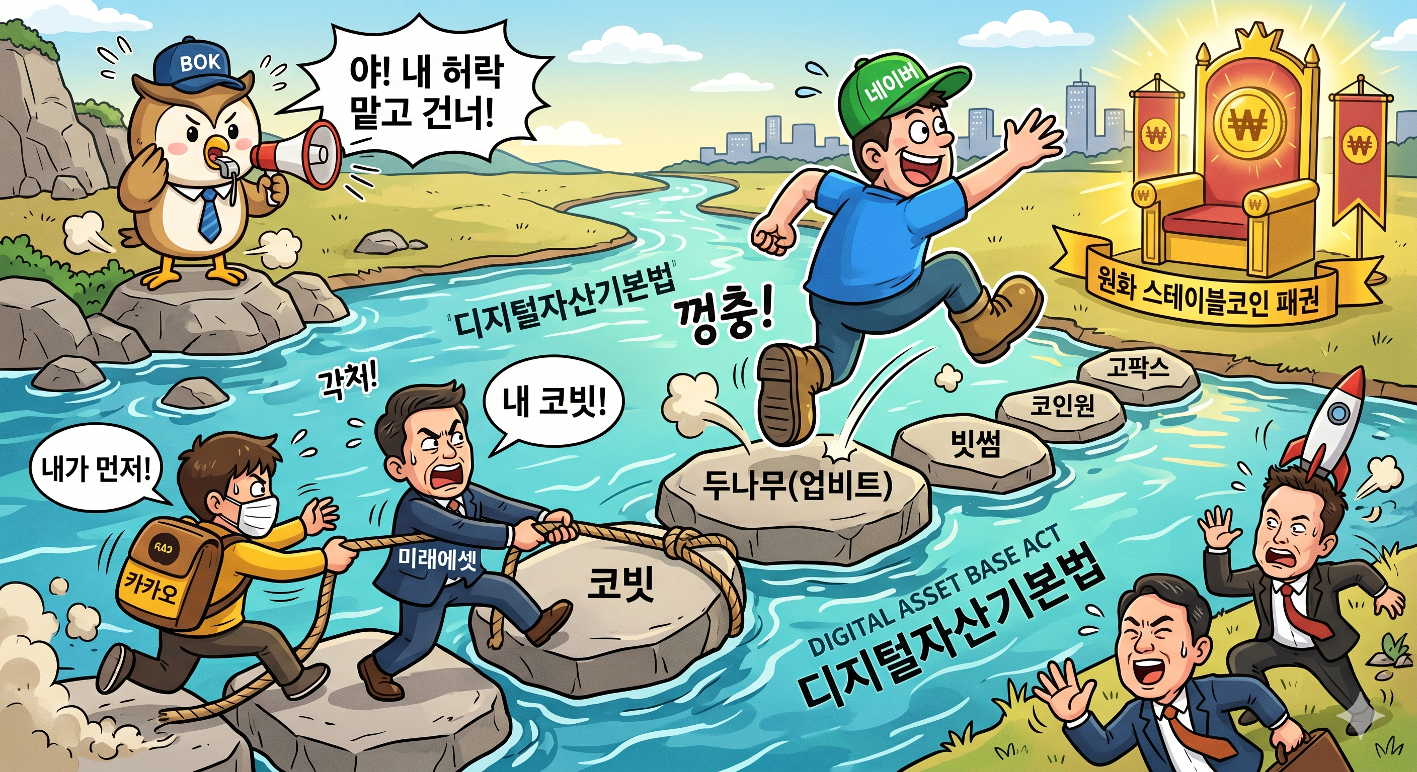 푸르고 넓은 강(강 이름은 '디지털자산기본법')이 흐르고 있고, 반대편 기슭에는 거대한 '원화 스테이블코인 패권' 황금 왕좌가 빛나고 있습니다. 강 위에는 '두나무(업비트)', '코빗' 등 가상자산 거래소 모양의 징검다리 돌들이 놓여 있습니다. 네이버 로고 모자를 쓴 거인이 두나무 돌을 밟고 껑충 뛰고 있으며, 미래에셋 로고 정장을 입은 신사가 코빗 돌을 밧줄로 묶어 자기 쪽으로 끌어당기며 카카오 로고 가방을 멘 캐릭터와 몸싸움을 벌이는 슬랩스틱 코미디풍의 만화 삽화입니다. 강가 상류에서는 한국은행 마스코트가 확성기를 들고 "야! 내 허락 맡고 건너!"라며 호루라기를 불고 있습니다.