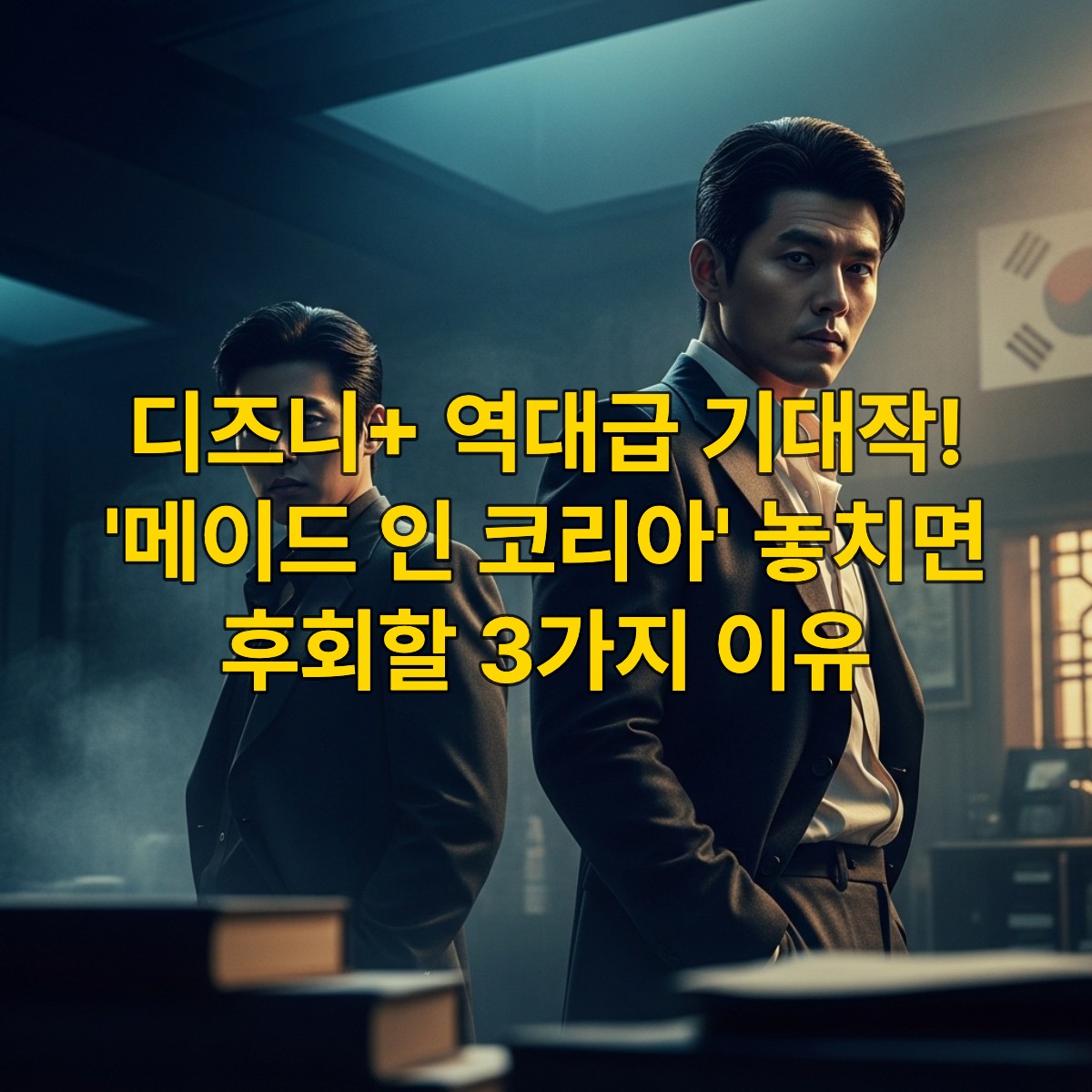 1970년대 한국을 배경으로 한 디즈니+ '메이드 인 코리아'의 한 장면. 카리스마 넘치는 두 남성 배우가 어두운 방에서 긴장감 넘치는 대화를 나누는 모습. (현빈, 정우성) 시대극 정치 스릴러의 분위기가 물씬 풍기는 이미지.