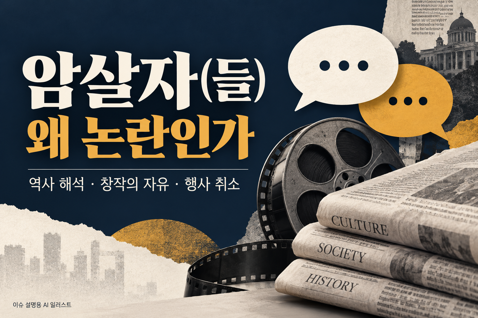 필름과 신문, 말풍선으로 암살자들 영화의 역사 해석 논쟁과 행사 취소 이슈를 표현한 AI 일러스트