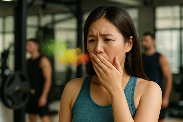 입을 가린 젊은 여성이 입에서 입냄새가 나는 모습을 표현(출처: 자체제작)