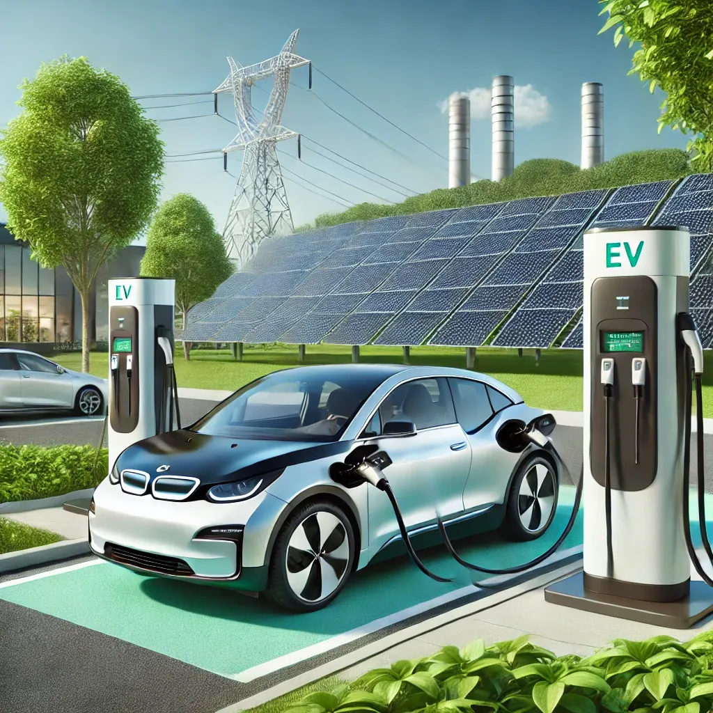 태양광 패널과 전기차 충전소에서 충전 중인 전기차