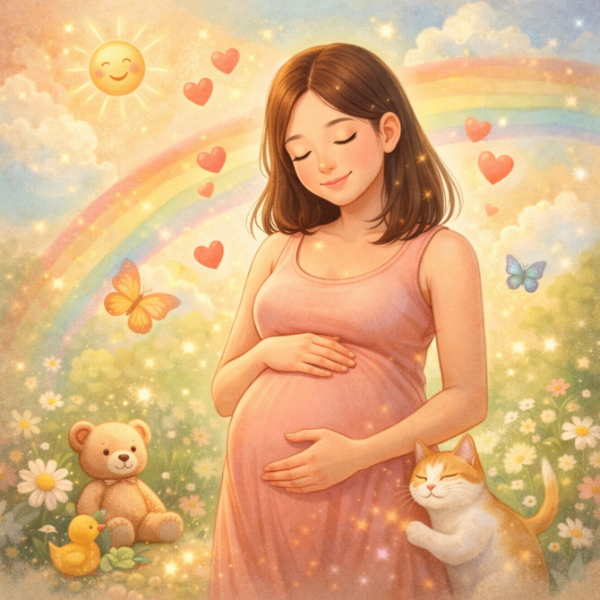 엄마의 안정된 감정 상태가 태아에게 긍정적인 영향을 주는 임신 일러스트