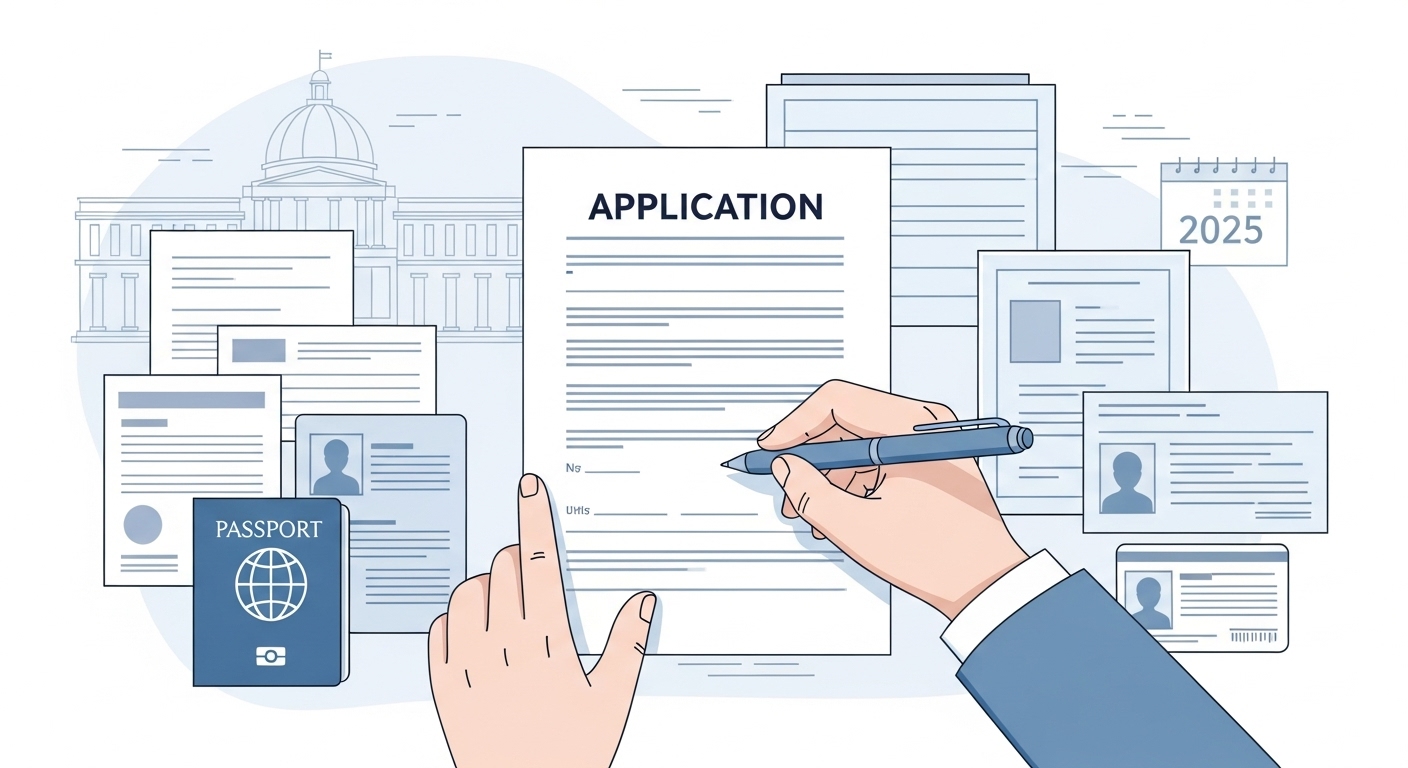 2025년 기초생활수급 신청 서류를 작성하는 사람의 손과 여러 서류들, 행정 절차를 상징하는 이미지.