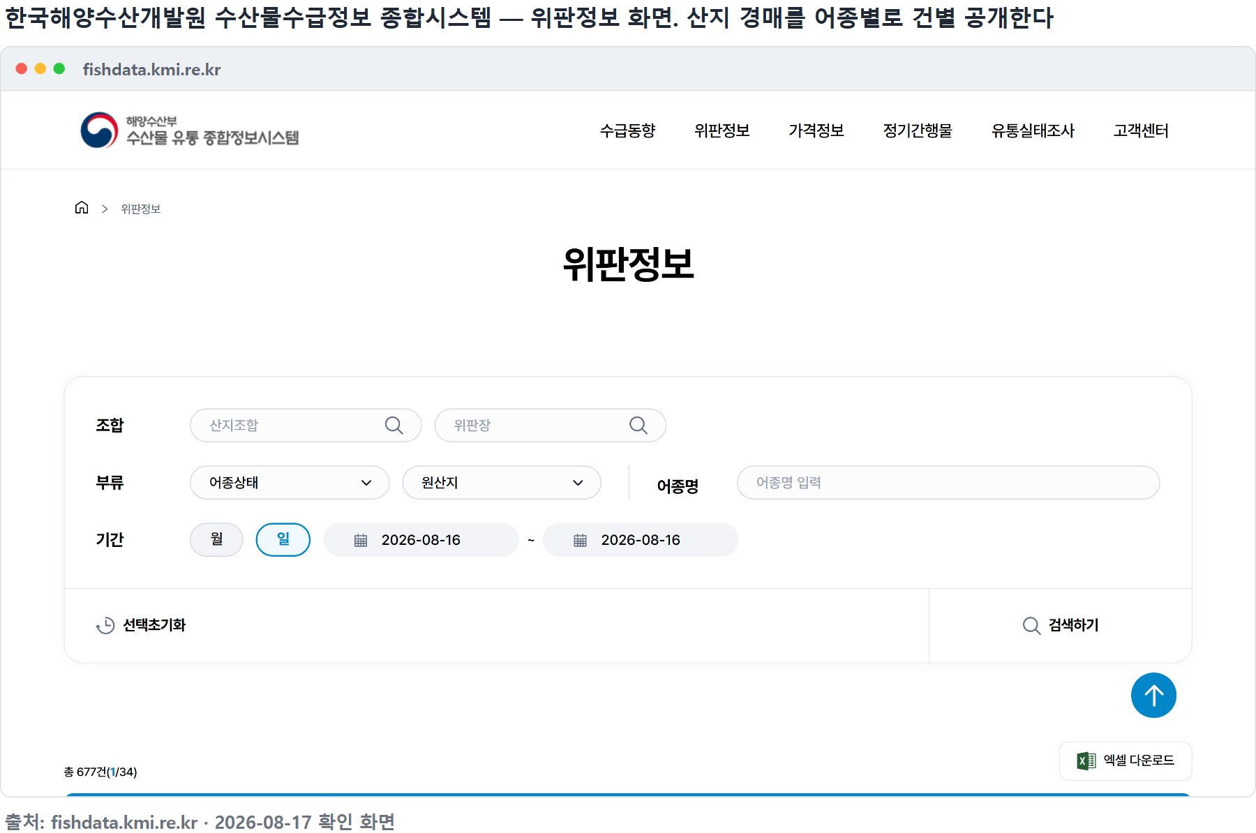 위판정보 조회 화면 — 어종명과 기간을 넣어 검색하고 엑셀로 내려받을 수 있다
