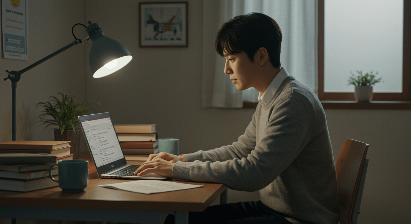 청년내일저축계좌 정보를 노트북으로 검색하는 30대 한국 남성의 모습