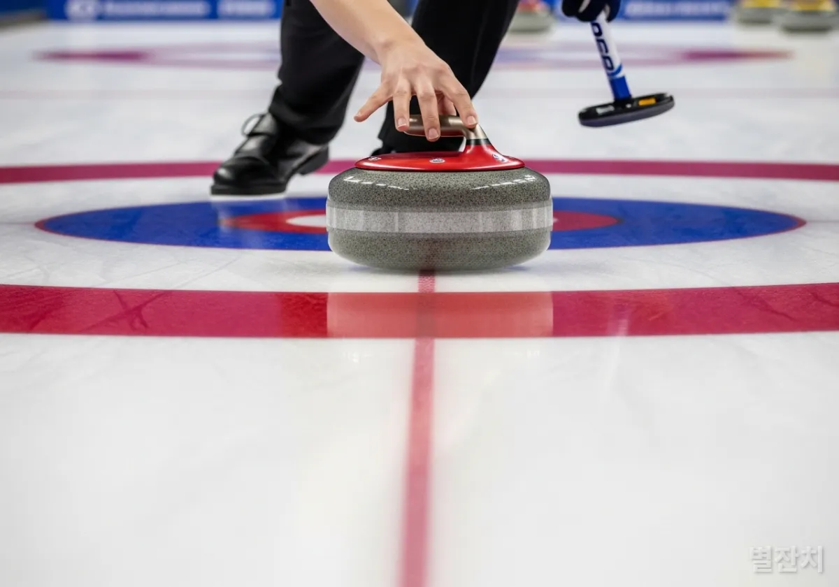 호그 라인 앞에서 컬링 스톤을 투구하는 선수의 손과 얼음 표면 디테일