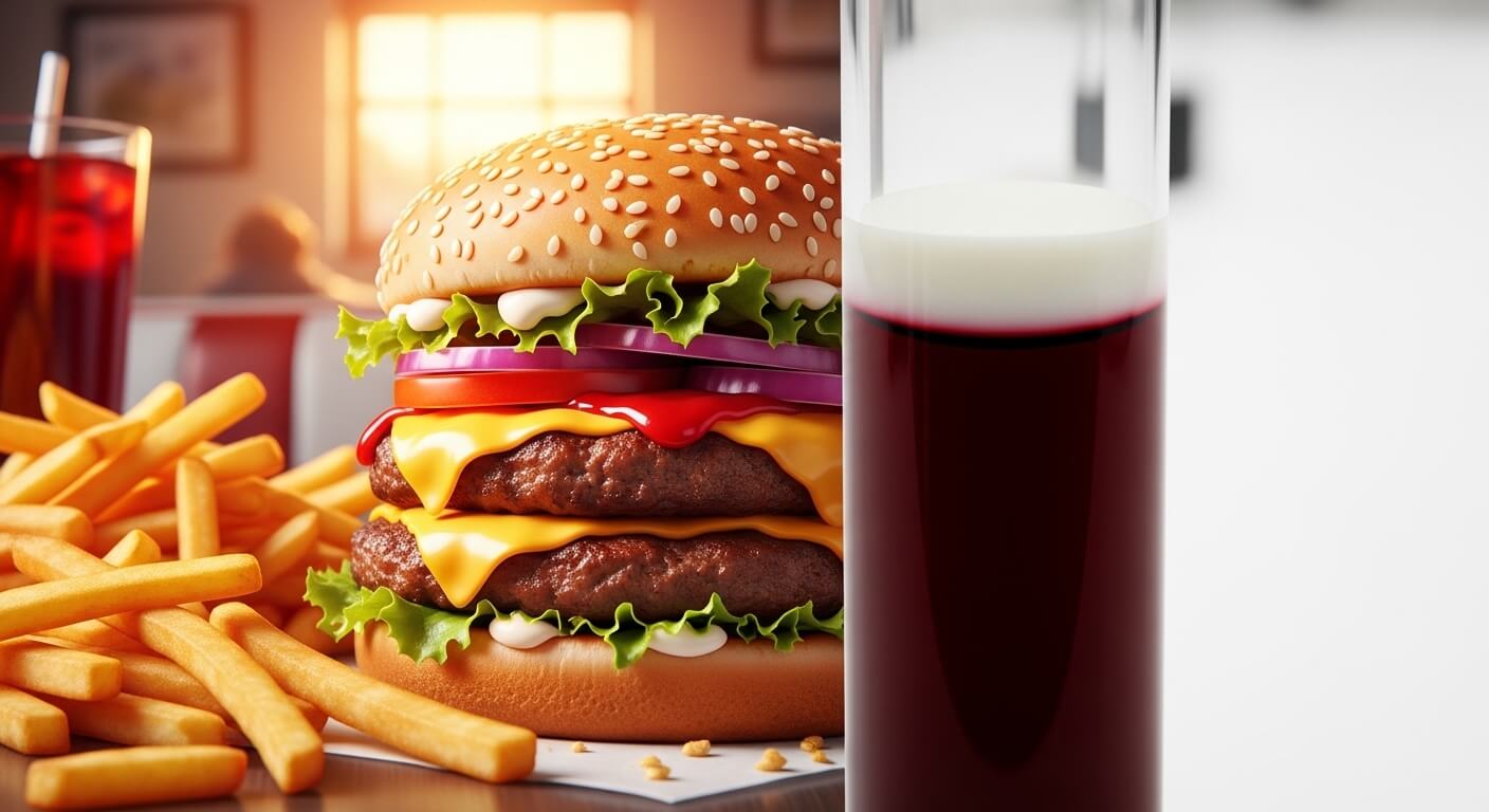 햅머거와 튀긴감자와 코카콜라와 혈액 샘플