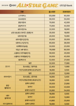 올스타전 예매가격표 의 모습