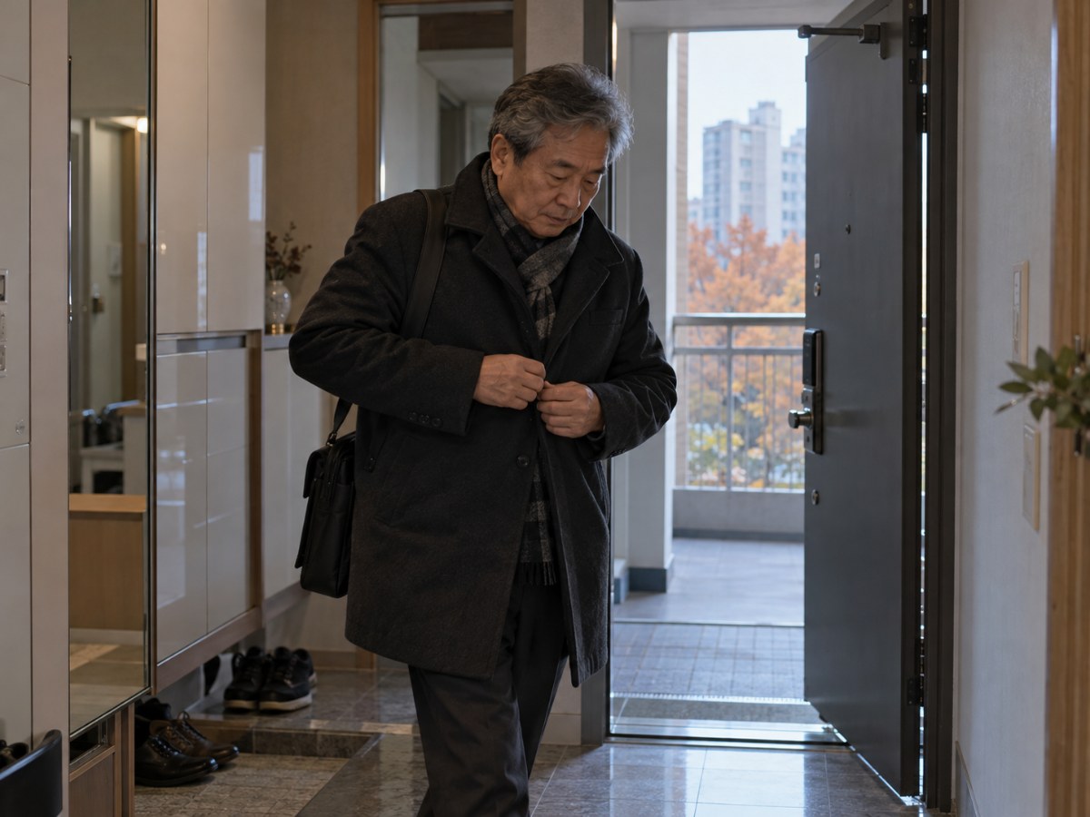 쌀쌀한 아침 외출하는 중년 남성