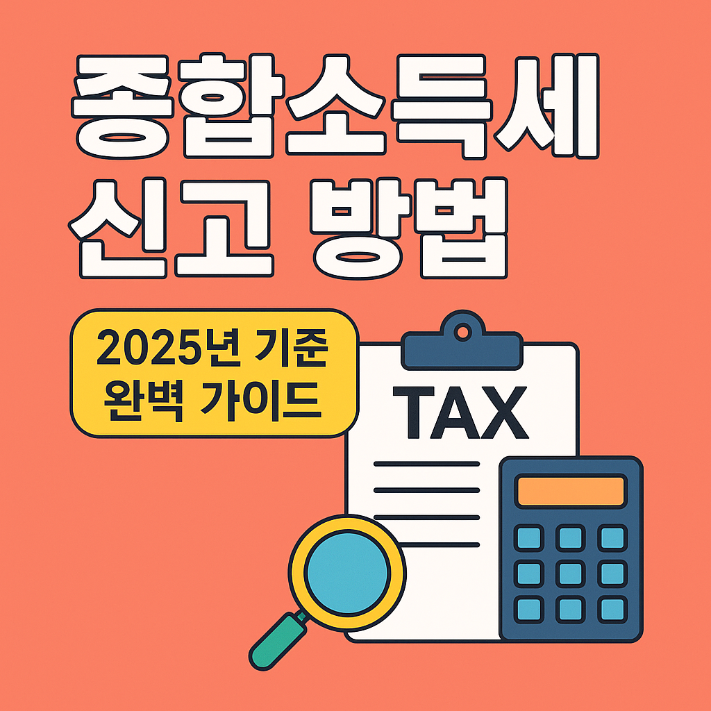 “종합소득세 신고 방법 2025년 기준 완벽 가이드”라는 문구가 적힌 썸네일 이미지. 배경은 코랄 오렌지색이며, 클립보드에 TAX라고 적혀 있고 계산기와 돋보기가 함께 그려져 있음.
