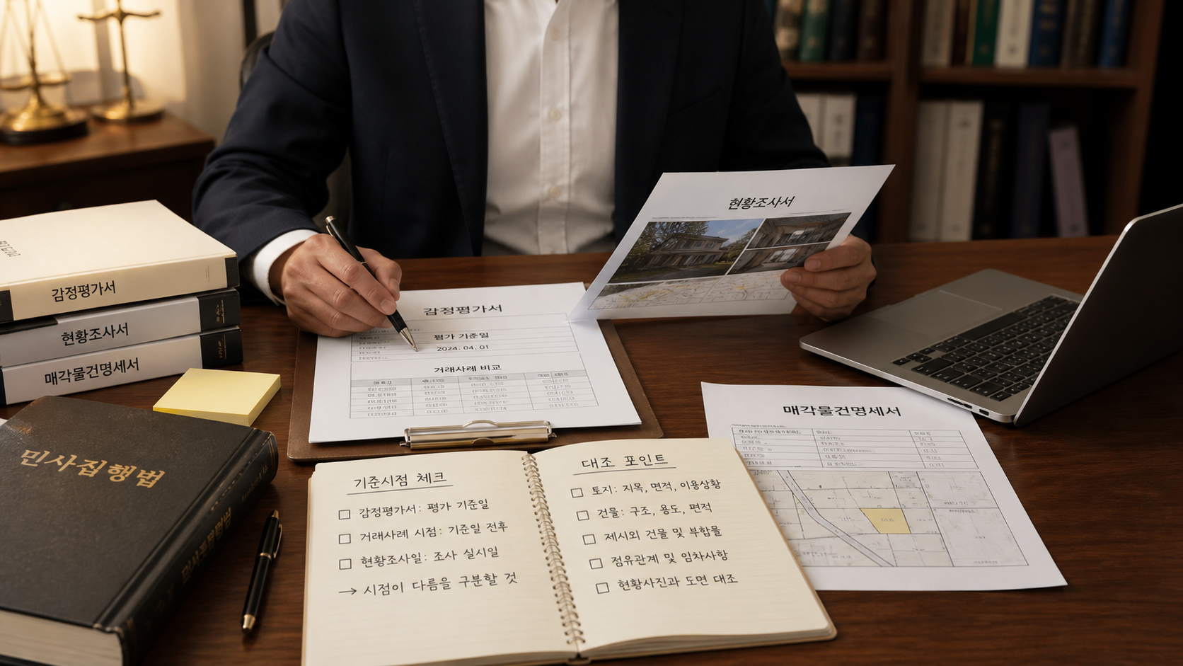 평가기준일와 거래사례를 법원 서류에서 확인하는 모습