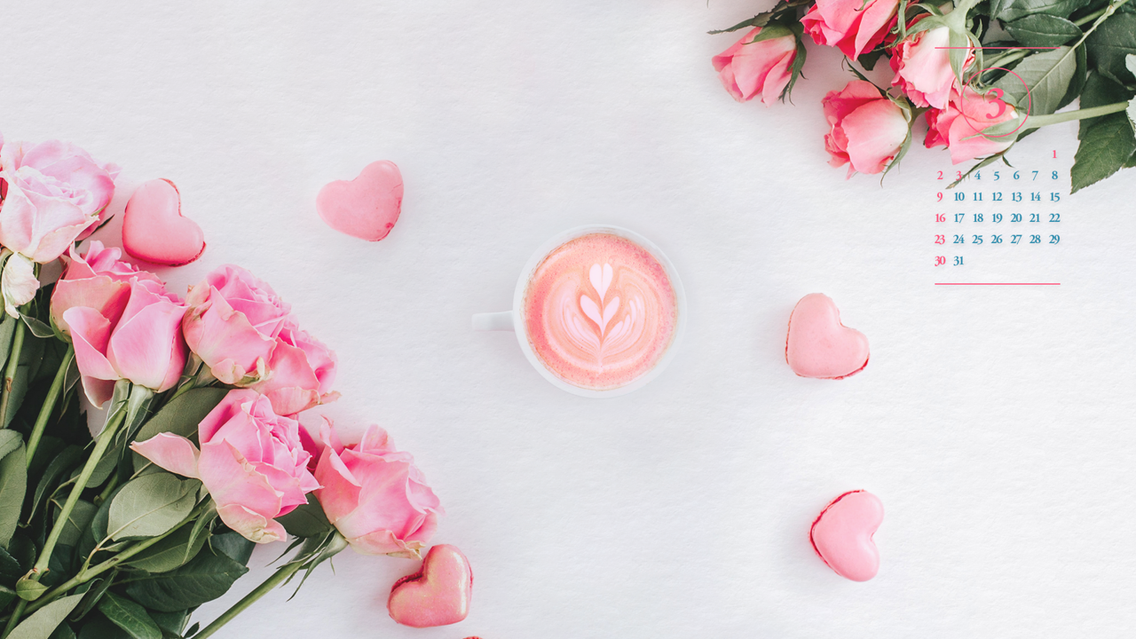 02 분홍 장미와 커피 A - 2025년3월 노트북배경화면