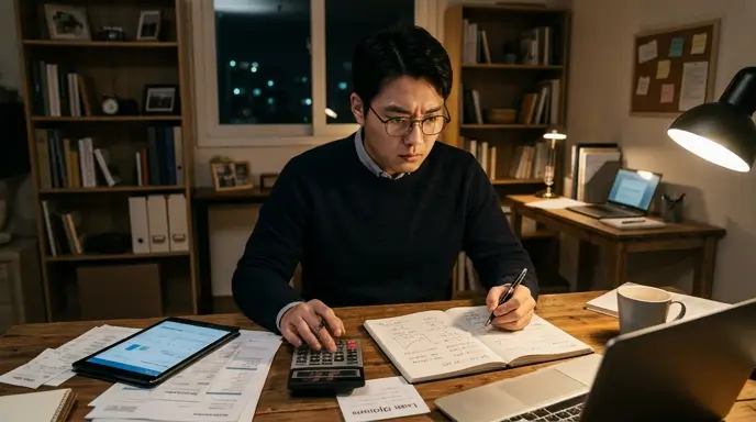 부족한 자금을 계산하며 다양한 대안을 모색하는 진지한 모습