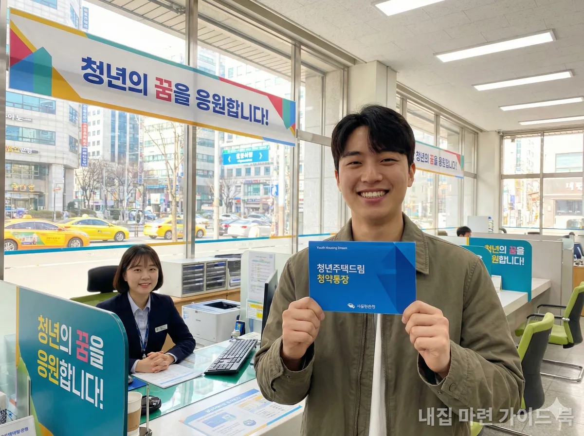 청년주택드림 청약통장을 들고 웃고 있는 한국 청년