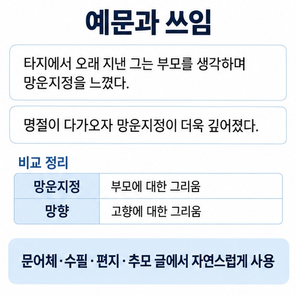 망운지정의 예문과 부모에 대한 그리움, 망향과의 의미 차이를 정리한 이미지