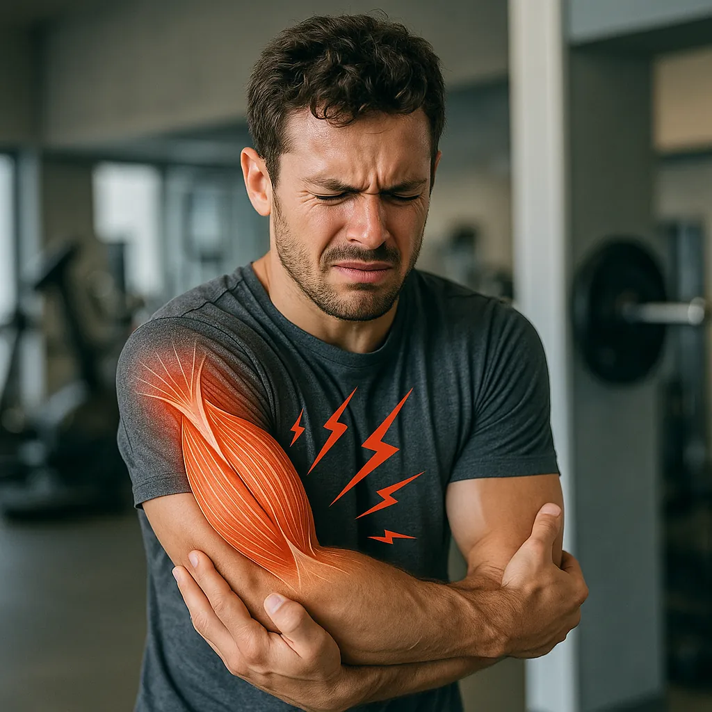 근육통이-생기는-과학적-원리를-상징적으로-표현한-사진-운동-중-팔-근육에-통증을-느끼는-남성이-근육을-잡고-있으며-겹쳐진-근섬유-일러스트와-붉은-통증-효과가-근육-미세손상과-염증을-강조