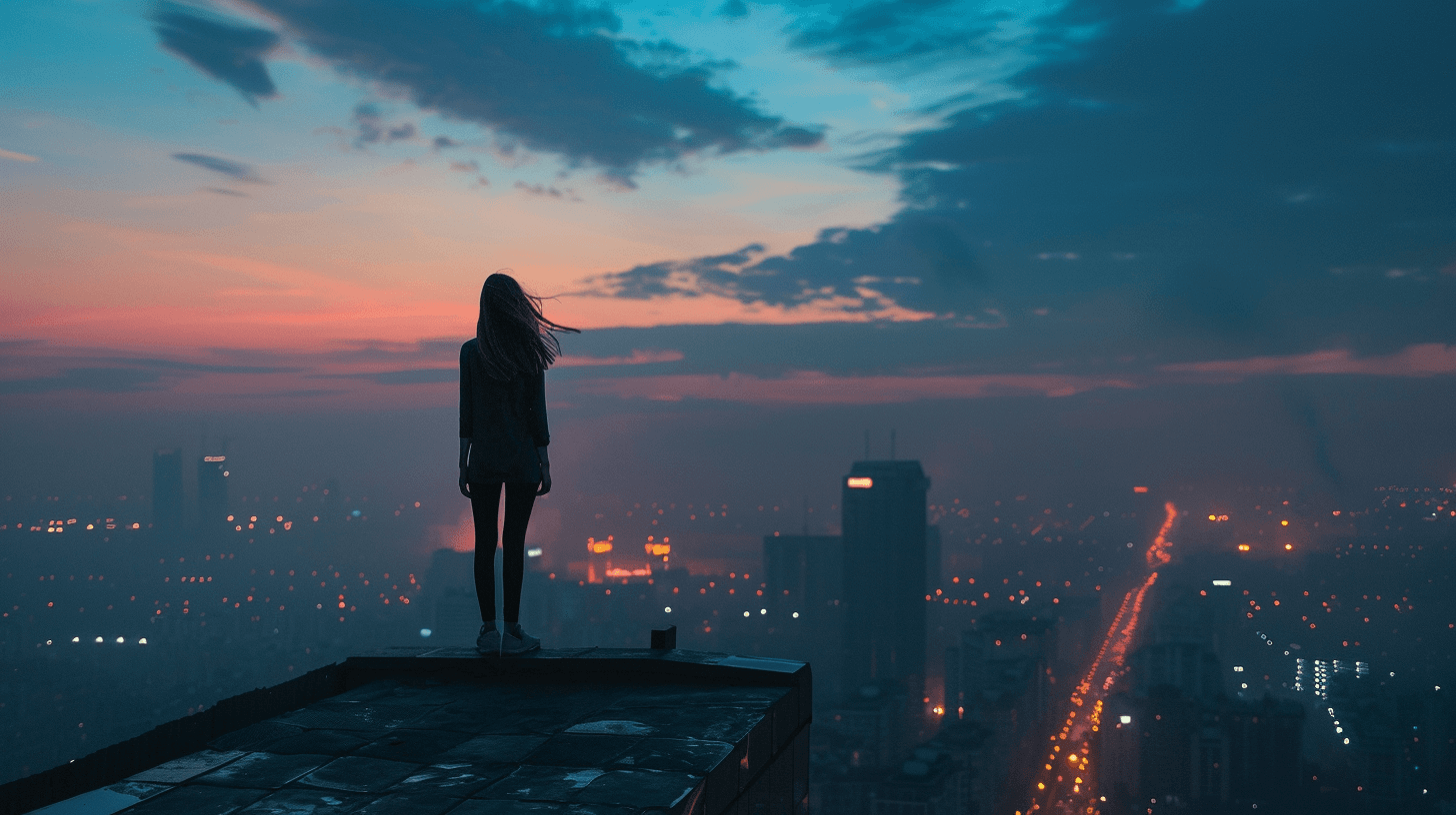 도심-옥상의-끝에-서-있는-여자