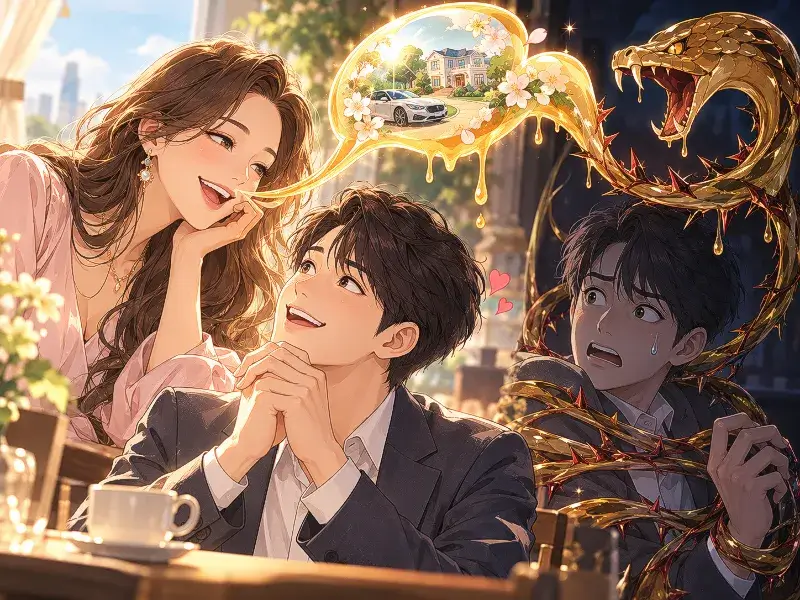 A woman speaks sweetly as a golden honey-like speech bubble turns into a thorny serpent, while the listener realizes the hidden danger of deceptive words.