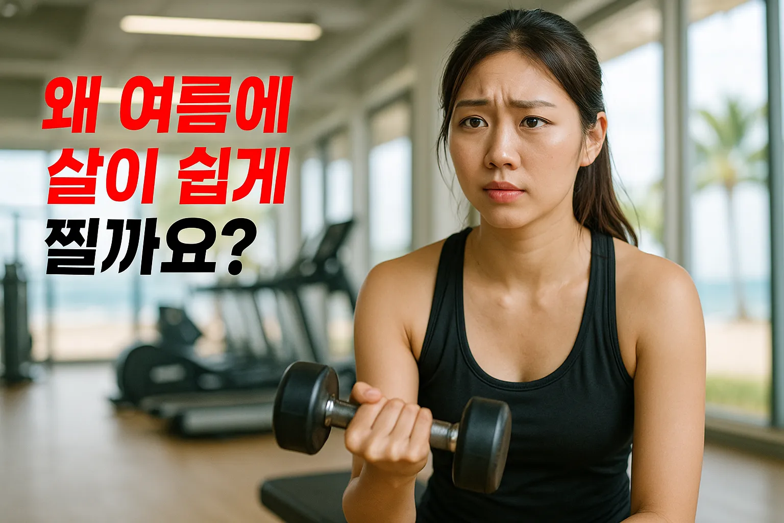 여름철 체중 증가에 대해 고민하며 헬스장에서 아령 운동 중인 20대 한국 여성, 검정색 운동복 착용, 진지한 표정, 배경에 해변이 보이는 피트니스 공간