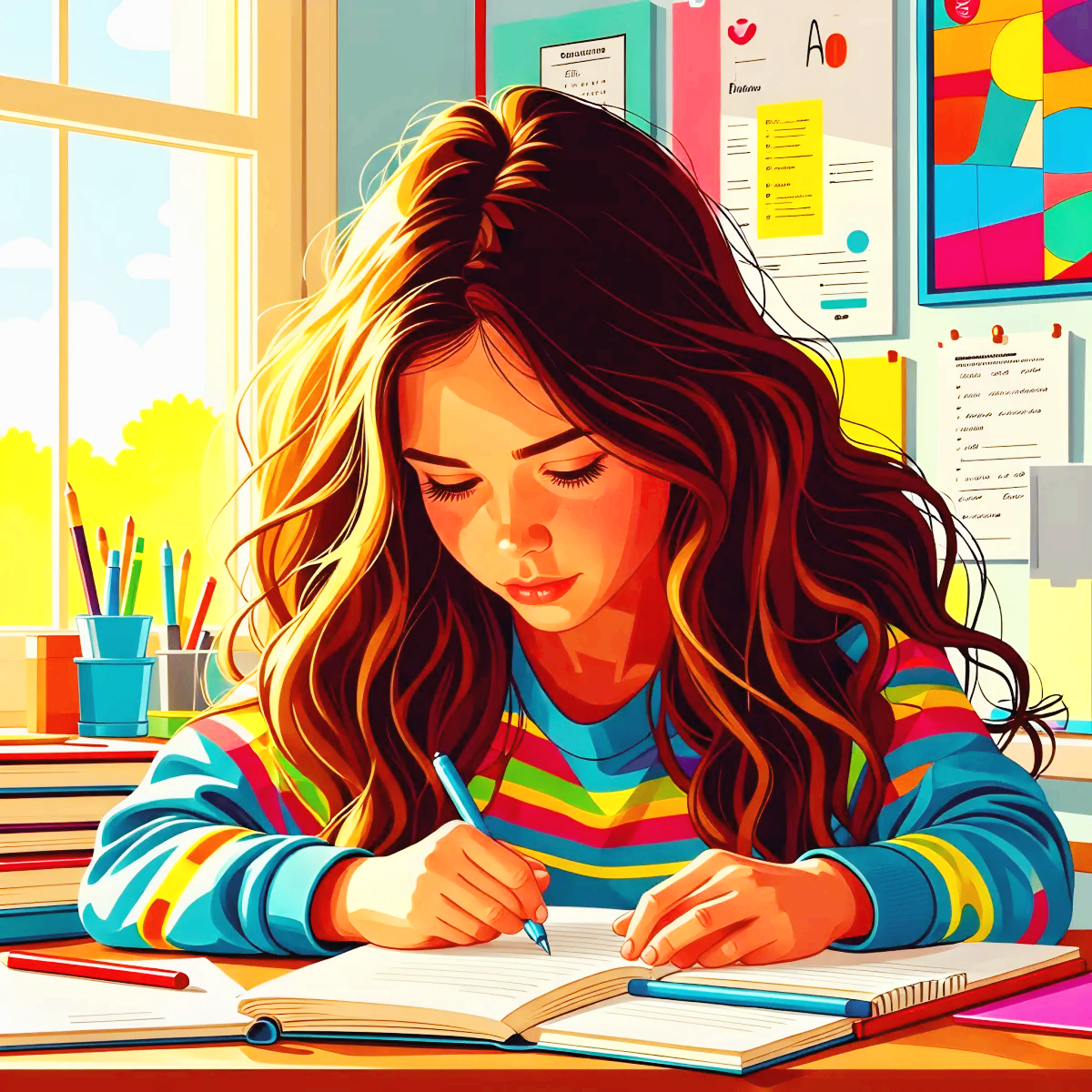 여자 아이가 책상 위에서 연필을 잡고 문제지를 풀며 공부하는 모습