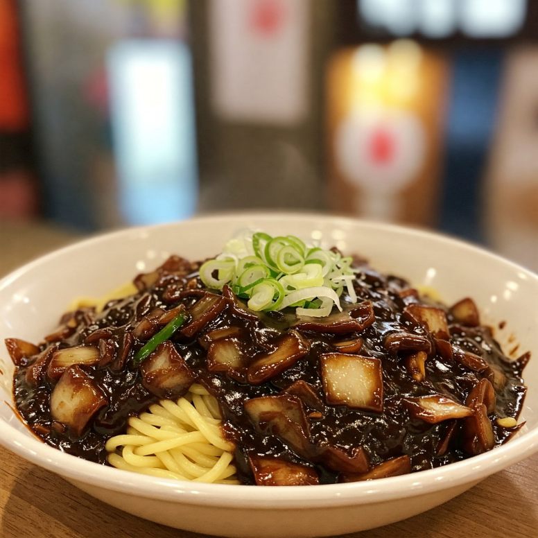 김이 모락모락 나는 짜장면 한 그릇을 클로즈업한 사진입니다. 밀가루 면에 윤기가 흐르는 검은색의 걸쭉하고 풍미 가득한 춘장 소스가 덮여 있고, 톡톡 튀는 색감을 더해주는 얇게 썬 파가 고명으로 올려져 있습니다. 소스가 빛을 반사하여 풍부하고 맛있는 맛을 보여줍니다. 면은 완벽하게 조리되었고, 그릇은 아마도 세라믹이나 유리일 것이며 흰색이나 크림색과 같은 밝은 색상의 테두리가 있습니다. 배경은 서울의 번화한 거리 풍경이나 북적이는 레스토랑과 같은 활기찬 배경으로 부드럽게 흐려져 요리의 기원을 암시합니다. 클래식한 한국 가정식 요리로 따뜻하고 매력적인 조명으로 촬영되어 인기 있는 길거리 음식의 풍부한 풍미와 질감을 보여줍니다.