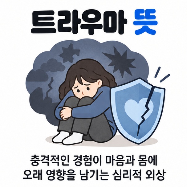 충격적인 사건 뒤 마음의 흔적을 상징하는 인물과 보호막 아이콘을 중심으로 트라우마 뜻 문구를 보여주는 차분한 카드뉴스 이미지