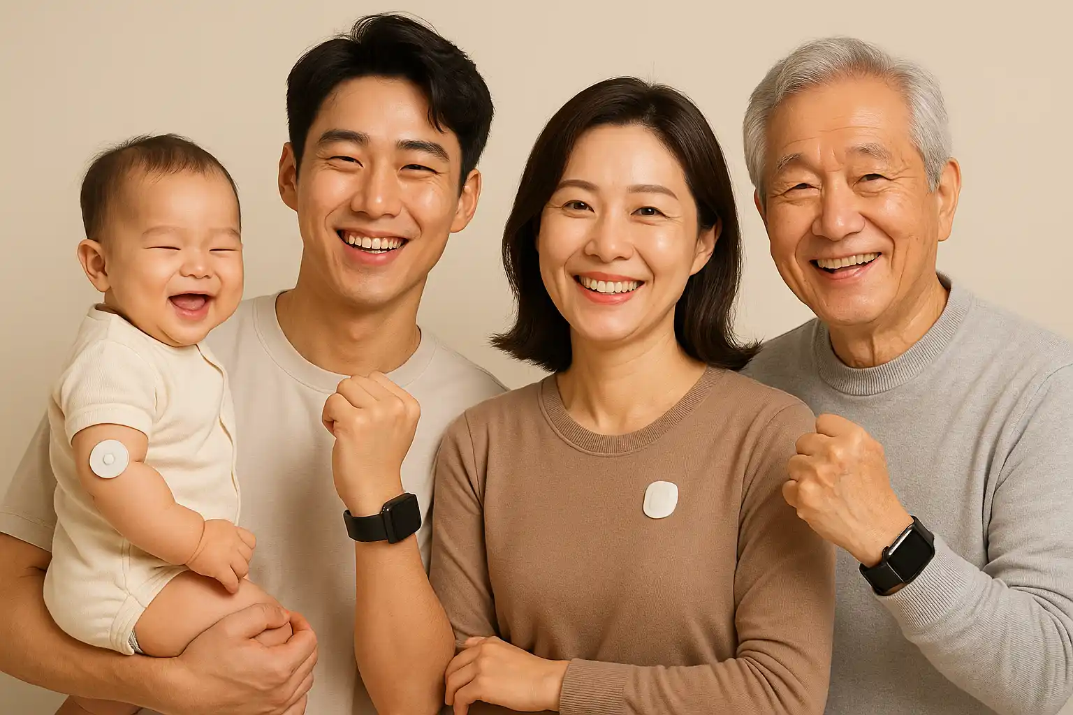 아기, 청년, 중년, 노년이 함께 미소 지으며 스마트워치·체온 패치 같은 헬스케어 기기를 착용한 장면