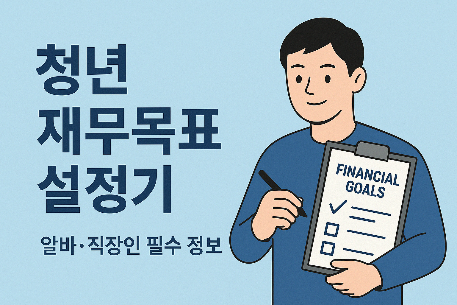 청년 재무목표 설정 가이드 - 연한 파란 배경 위에 왼쪽은 굵은 텍스트, 오른쪽에는 'FINANCIAL GOALS' 체크리스트를 작성하는 청년 일러스트가 포함된 정보 이미지