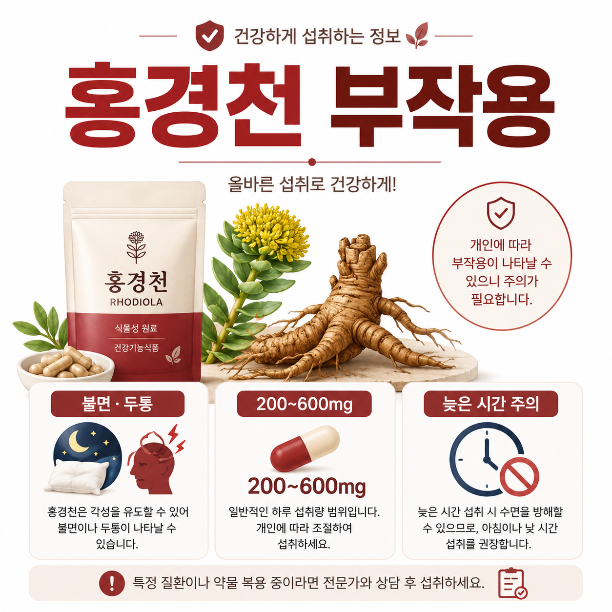 홍경천 추출물의 스트레스 피로 기능성, 하루 200~600mg, 로사빈, 불면·두통·신경과민과 복합 피로영양제 성분을 확인하는 카드형 이미지