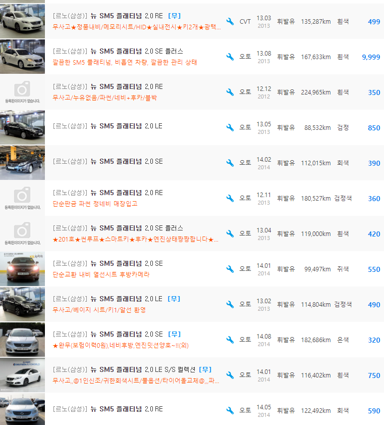 뉴SM5 플래티넘 2.0 가솔린 등급 중고차 시세 : 250만원 ~ 850만원