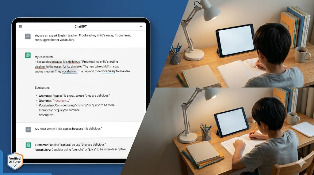 "학부모를 위한 챗GPT 영어 에세이 첨삭 프롬프트 활용 화면과 아이가 책상에서 공부하며 스스로 학습하는 실제 홈스쿨링 현장 모습이 결합된 교육 정보성 이미지"