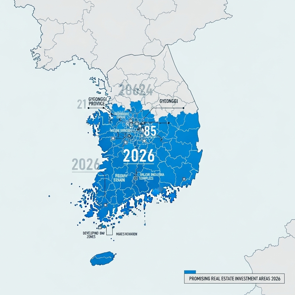 대한민국 지도 위에 2026년 부동산 투자 유망 지역으로 예상되는 지방 중소도시 및 산업단지 인근 지역이 밝은 파란색으로 표시된 이미지.