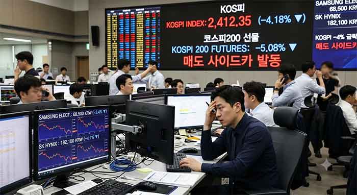 주식 시장 급락과 매도 사이드카 발동 소식을 지켜보는 증권사 트레이딩룸 현장.