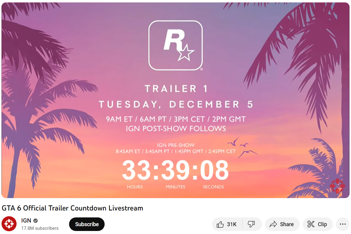 GTA-6-공식-트레일러-영상-공개-스트리밍-화면-중앙에-공개일이-표시되어-있고-아래에-공개까지-남은시간이-카운트-다움되고-있는-사진