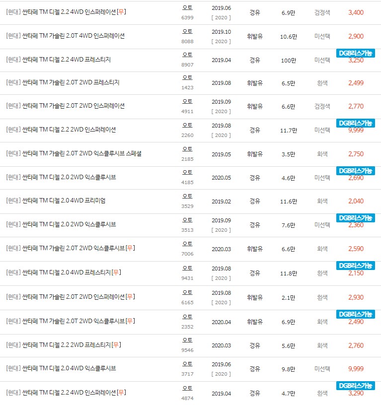 2019~2020년식 싼타페TM 중고차 시세