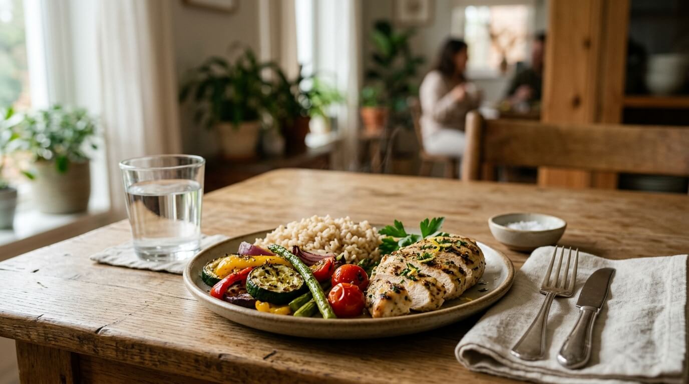 현미밥과 채소 단백질로 구성된 균형 잡힌 점심 식사, 식곤증 줄이는 식단