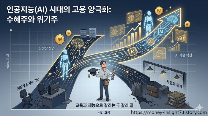 AI 시대를 맞이하여 'K자형 양극화'로 갈라지는 일자리 시장의 명암과, 그 갈림길에 서서 교육(Reskilling)과 블루칼라 기술(Practical Skills)의 필요성을 고민하는 한 사람을 형상화한 인포그래픽.