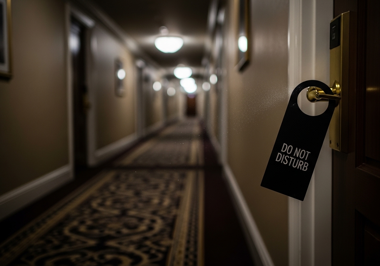 DO NOT DISTURB 팻말이 걸린 호텔 복도 이미지